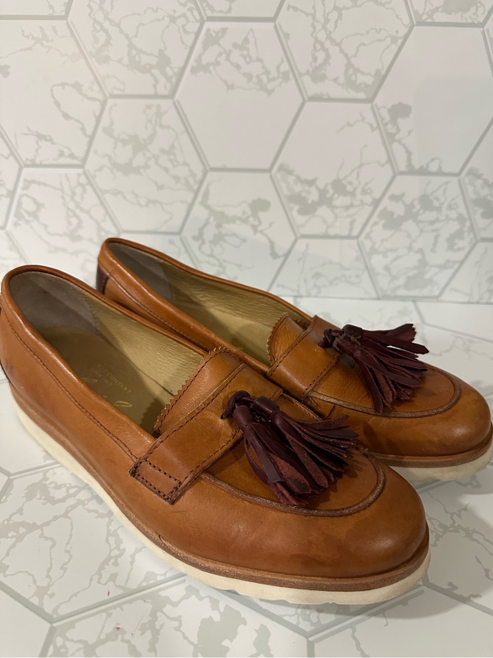 Frye Tan Leather Tassel Loafers with Dark Brown Tassels